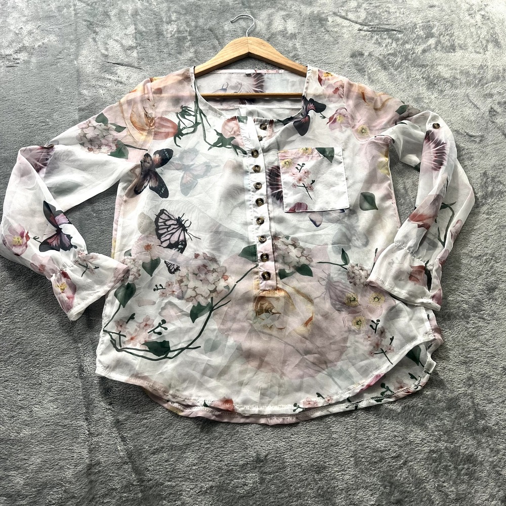 Womens Sheer Long Sleeve Half Button Blouse M Fairycore Floral Butterfly Pink